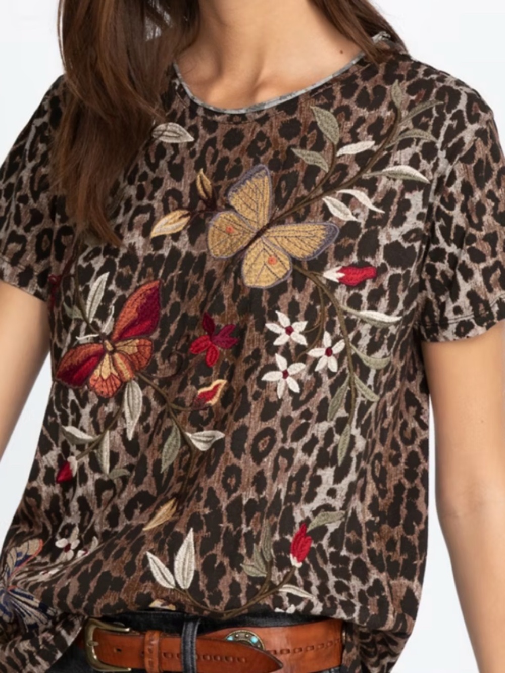 Johnny Was Penelope Relaxed Crew Neck Embroidered Cotton Tee Size M